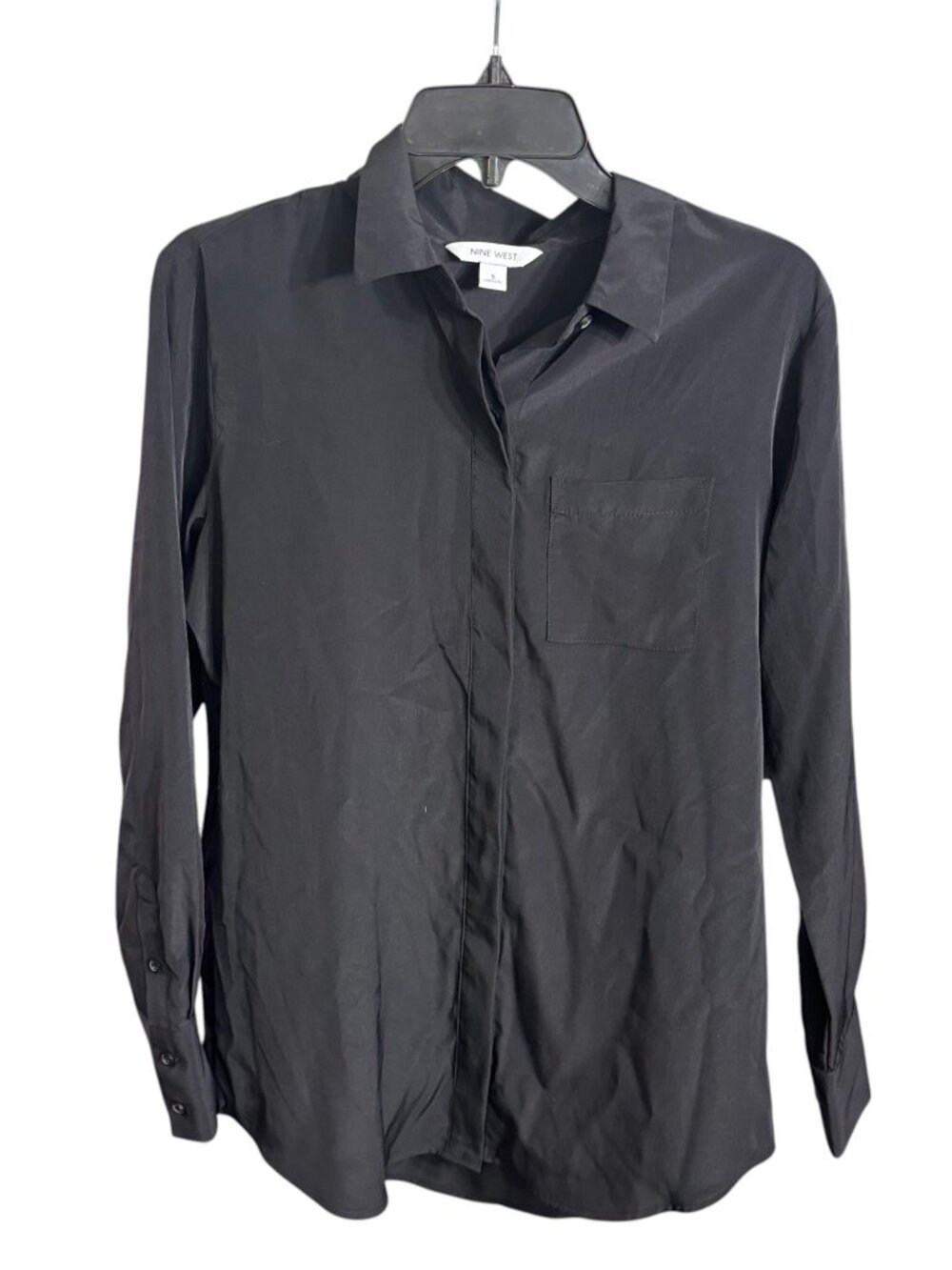 Nine West Button Down Shirt Faux Silk Mineral Black NWT Size Small